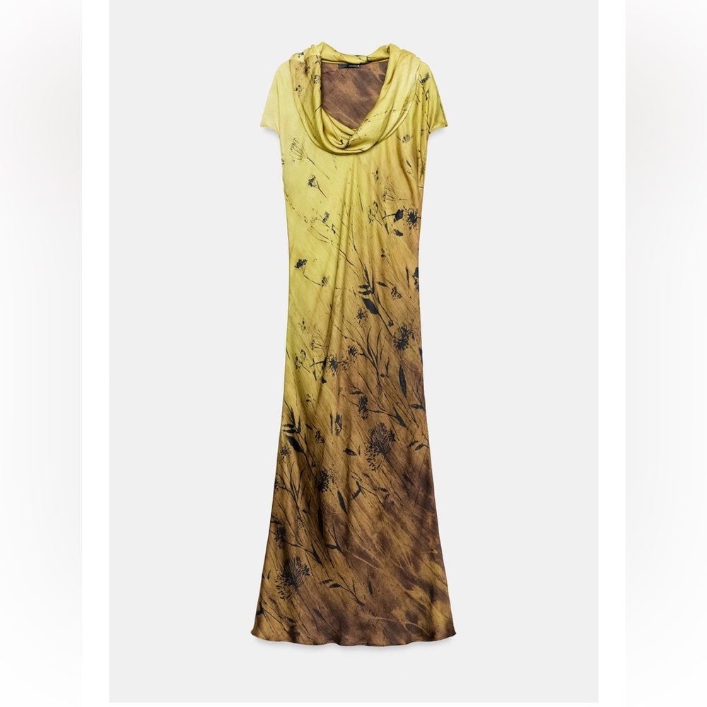 NEVER WORN Zara Yellow Ombre Floral Cowl-Neck Maxi Dress with Brown Accents